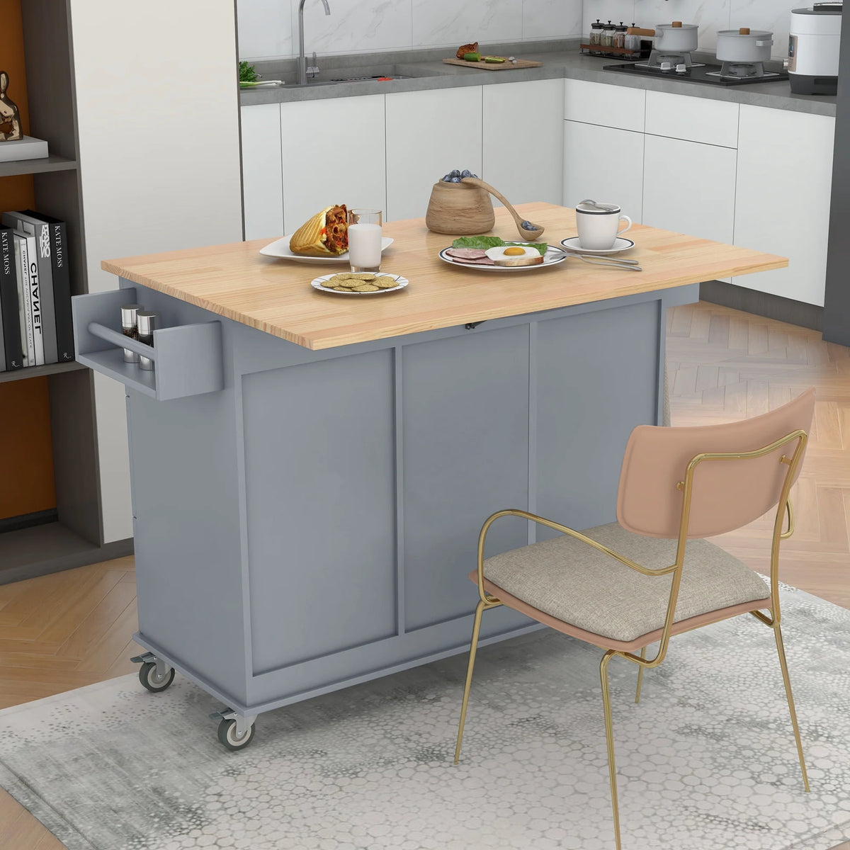 Blue Rolling Kitchen Cart with Drop Leaf Wood Top C574520