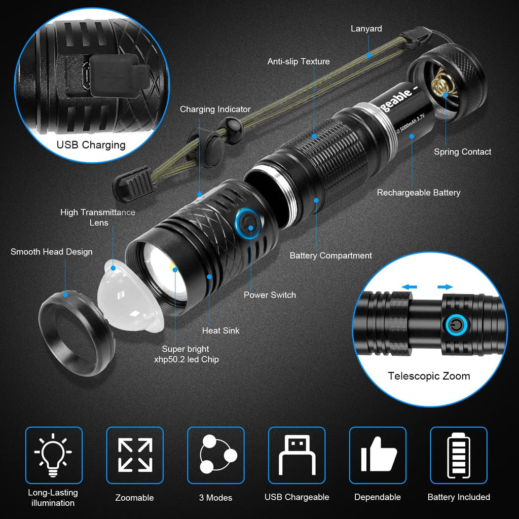 Rechargeable LED Flashlight, 1200 Lumens, 5000mAh Battery, Waterproof, Handheld, Tactical S25805