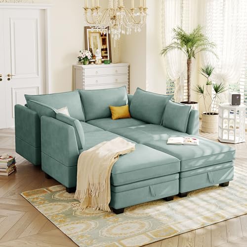 Green U-Shape Sectional Convertible Bed Chaise Modular Sofa 6 Seater Couch with Storage Seat M754675