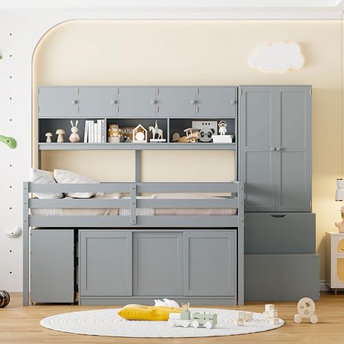 White Twin Size Solid Wood Loft Bed with Storage O741