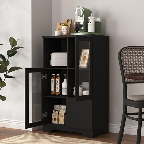 Blue Wooden Floor Storage Cabinet with 2 Glass Doors J932165