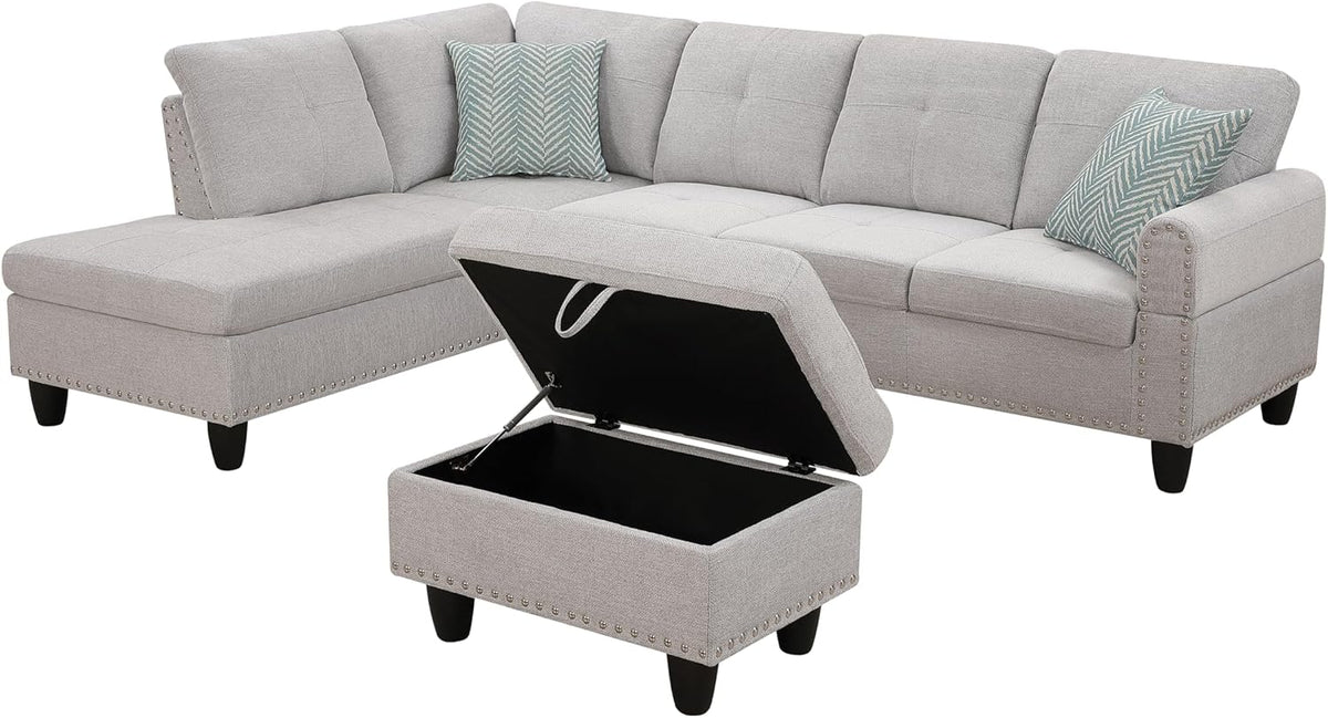 Light Gray L-Shaped Upholstered Sofa & Chaise with Storage Ottoman and Cup Holders V73051