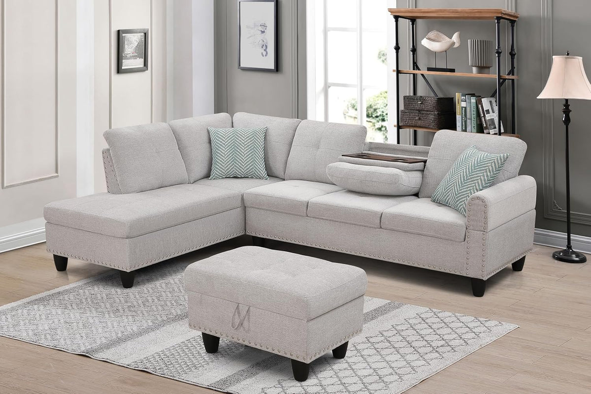 Light Gray L-Shaped Upholstered Sofa & Chaise with Storage Ottoman and Cup Holders V73051