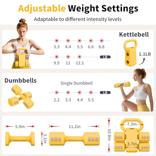 2-in-1 Adjustable Dumbbells Set, 4 Levels Weight, Each 2.2/3.3/4.4/5.5lb Hand Weights with Kettlebell Form C7386