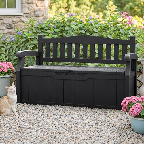 75 Gallon Outdoor Storage Benches Lockable Deck Box Waterproof UV Resistant Grey O544943