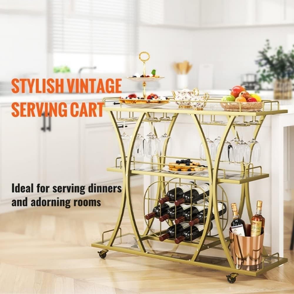 3 Tiers Metal Bar Serving Cart with Wine Rack Glass Holder K4590