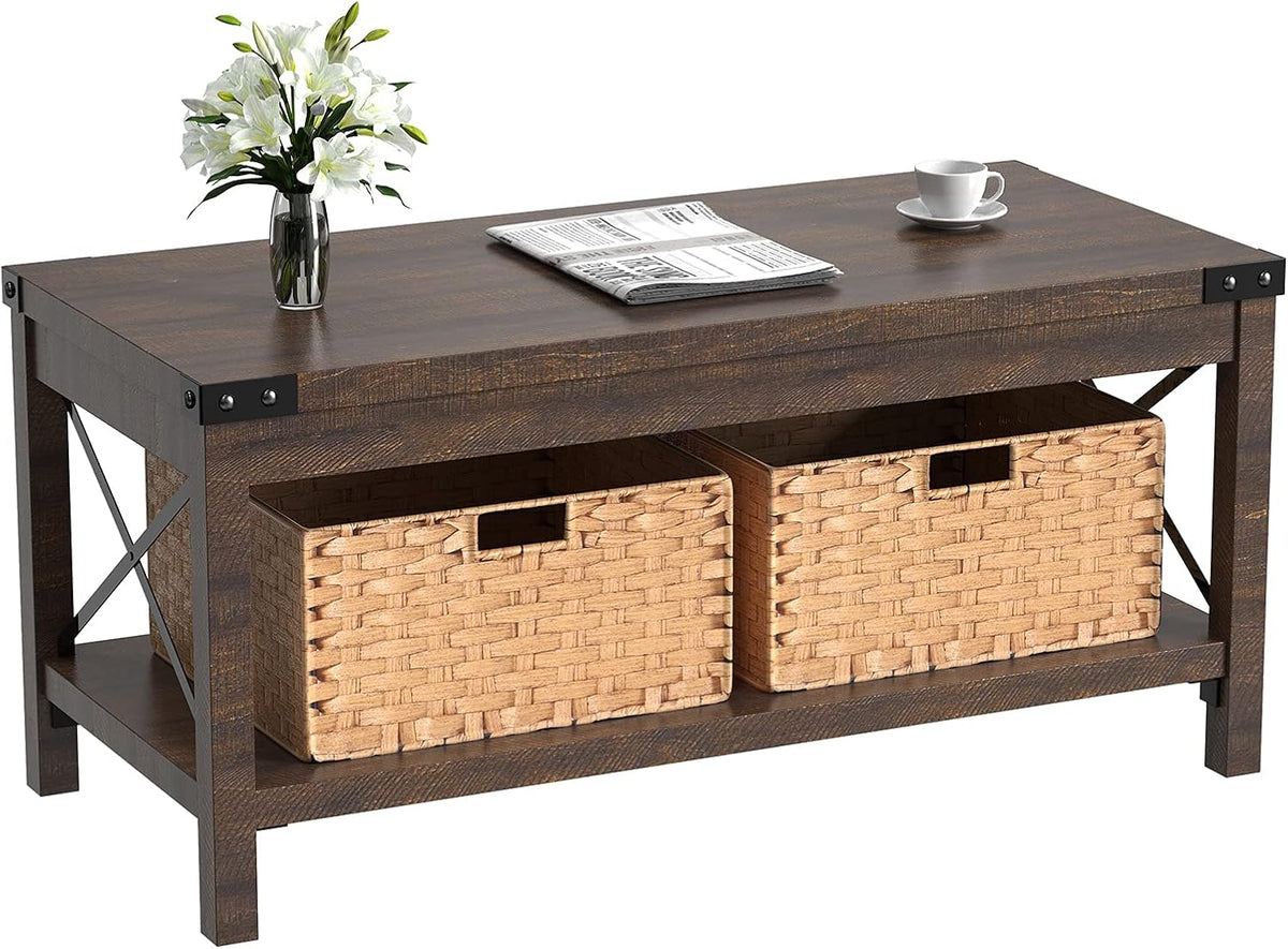 Brown Wooden Coffee Table with 2 Foldable Baskets I86931