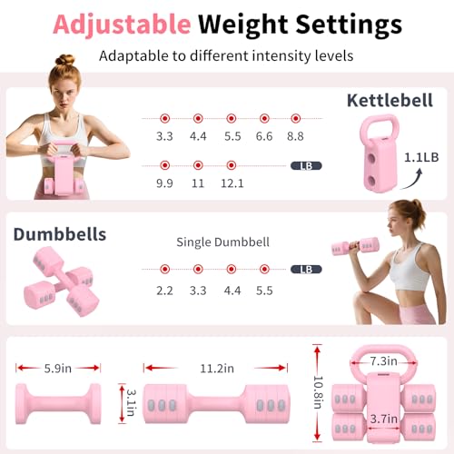 2-in-1 Adjustable Dumbbells Set, 4 Levels Weight, Each 2.2/3.3/4.4/5.5lb Hand Weights with Kettlebell Form C7386