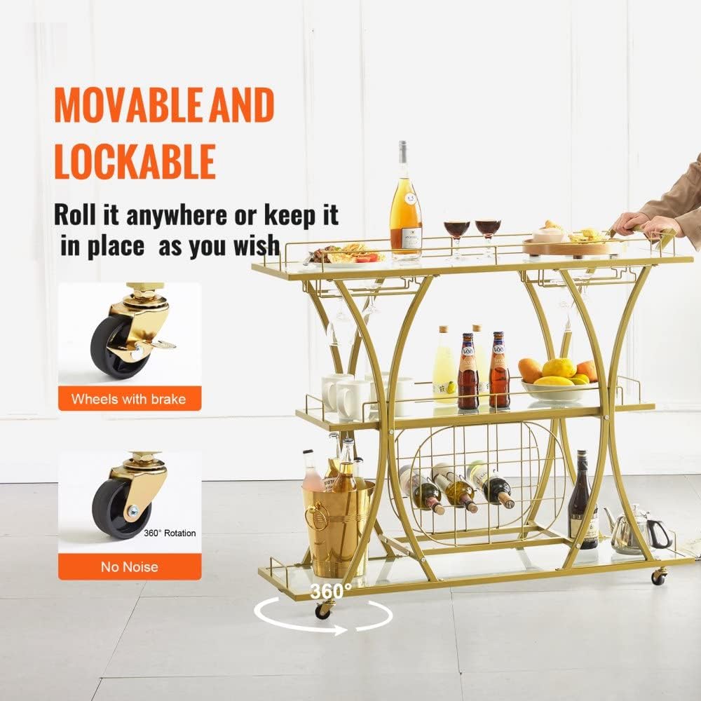 3 Tiers Metal Bar Serving Cart with Wine Rack Glass Holder K4590