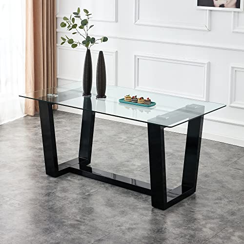 51" Glass Table with Rectangular Tempered Tabletop and Black Coated Metal Legs H831