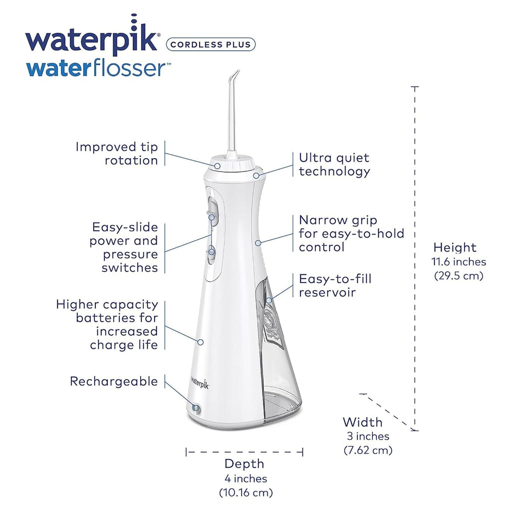 Cordless Plus Water Flosser with 4 Flossing Tips, Rechargeable, White F702617