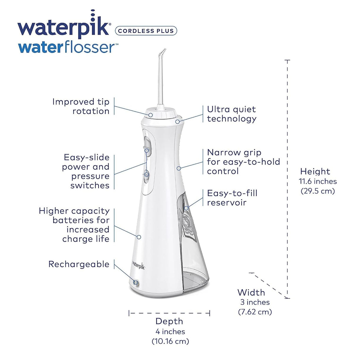 Cordless Plus Water Flosser with 4 Flossing Tips, Rechargeable, White F702617