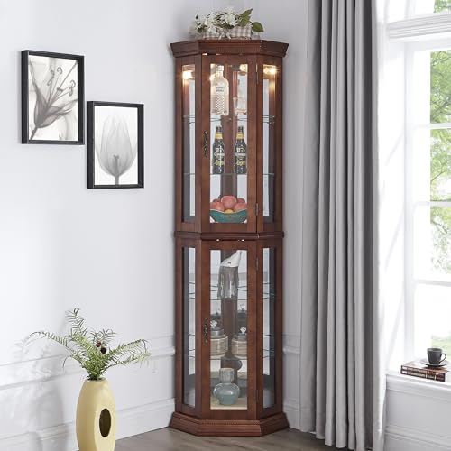 6-Tier Corner Curio Cabinet with Lights, Glass Doors, Adjustable Shelves (Cherry) F583842