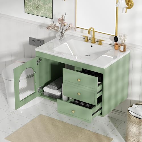 White Single Sink Bathroom Vanity with 2 Drawers and a Tip-Out Drawer L170