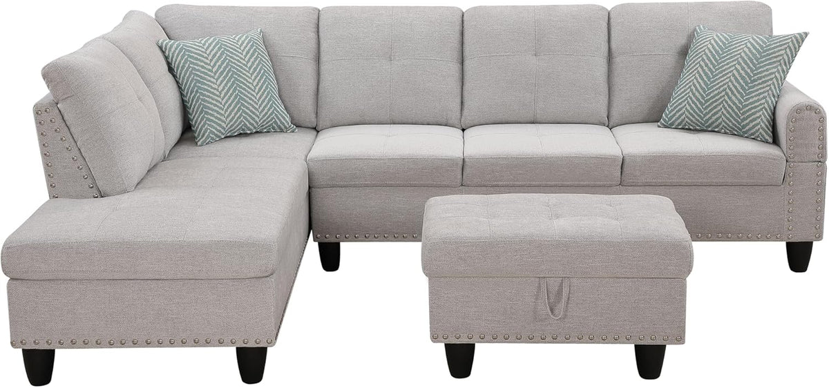Light Gray L-Shaped Upholstered Sofa & Chaise with Storage Ottoman and Cup Holders V73051