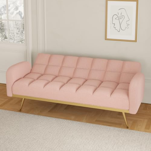 Green Convertible Futon Sofa with 2 Cupholders Adjustable Backrest Q36875