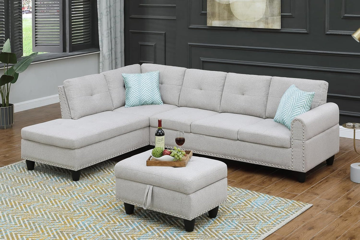 Light Gray L-Shaped Upholstered Sofa & Chaise with Storage Ottoman and Cup Holders V73051