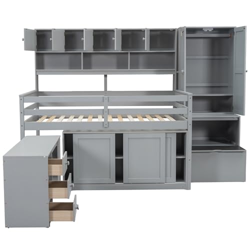 White Twin Size Solid Wood Loft Bed with Storage O741