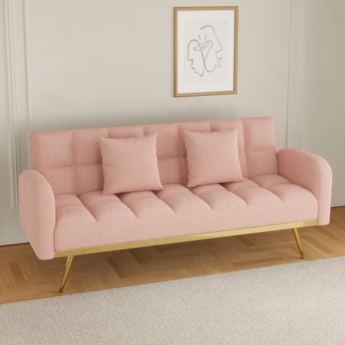 Green Convertible Futon Sofa with 2 Cupholders Adjustable Backrest Q36875