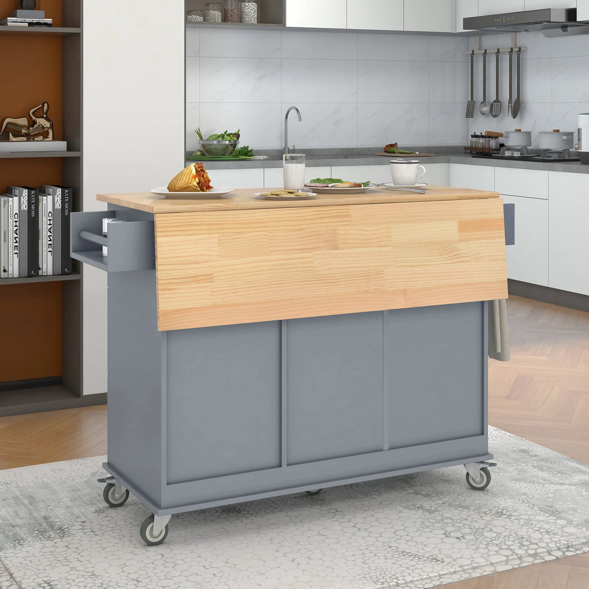 Blue Rolling Kitchen Cart with Drop Leaf Wood Top C574520