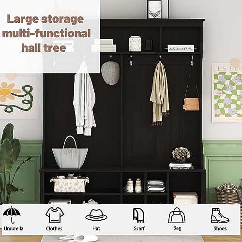 White Wooden Hall Tree with Storage Bench T275368