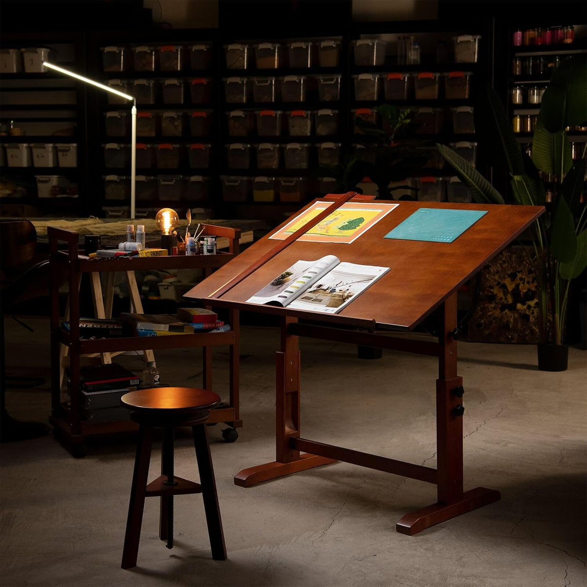 Extra-Large Wood Drafting Table and Wooden Stool K421714