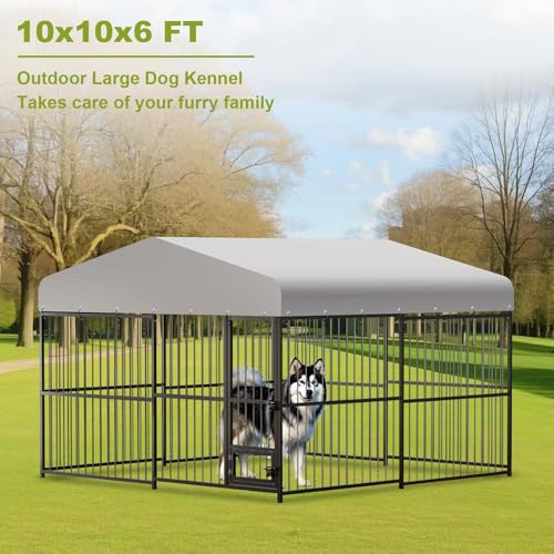 10x10x6 FT Heavy-Duty Outdoor Dog Kennel with Roof Cover and Lock C38324
