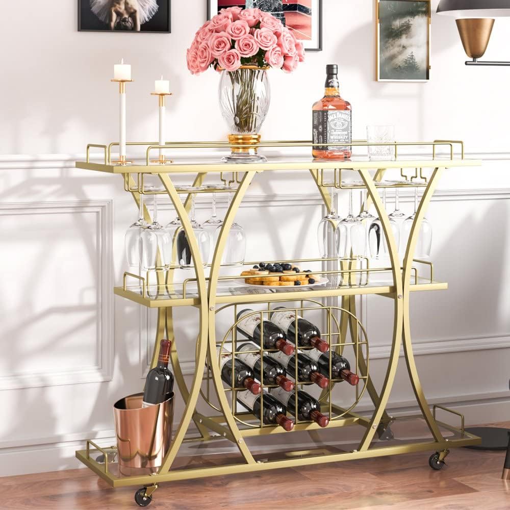 3 Tiers Metal Bar Serving Cart with Wine Rack Glass Holder K4590