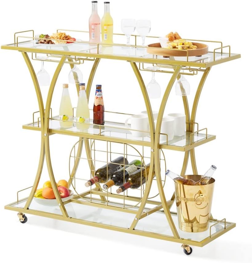 3 Tiers Metal Bar Serving Cart with Wine Rack Glass Holder K4590