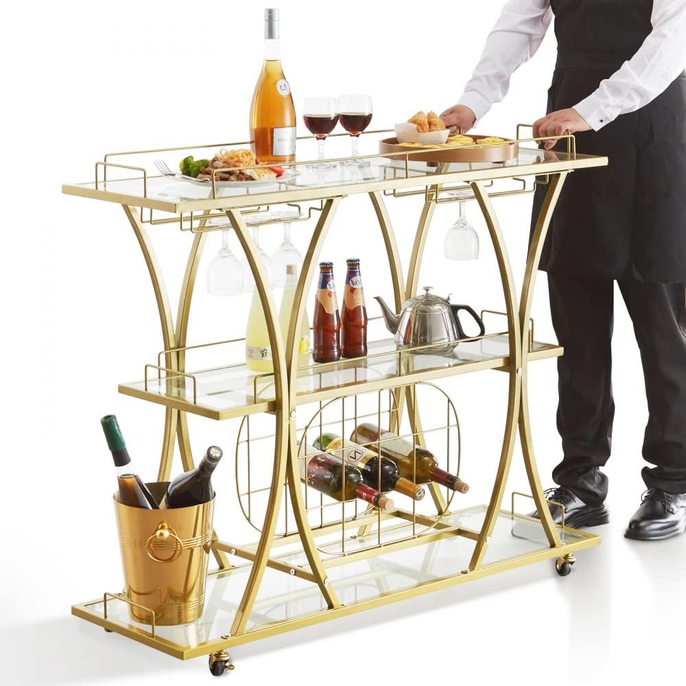 3 Tiers Metal Bar Serving Cart with Wine Rack Glass Holder K4590